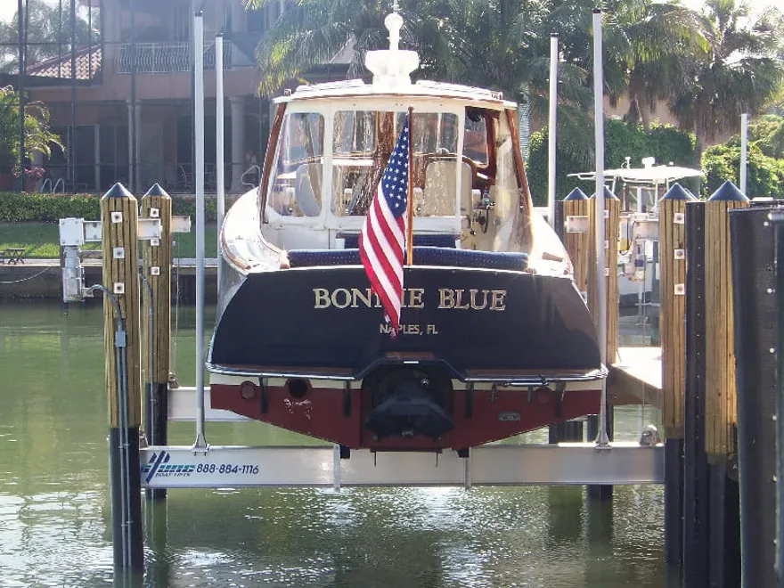 Beamless Boat Lifts installed on a waterfront dock in South Florida
